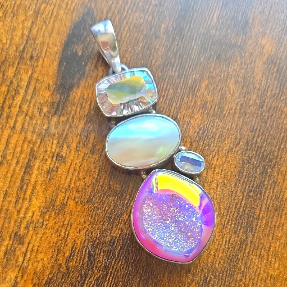 Mother of Pearl, Pink Druzy & Clear Quartz Pendant Solid 925 Silver